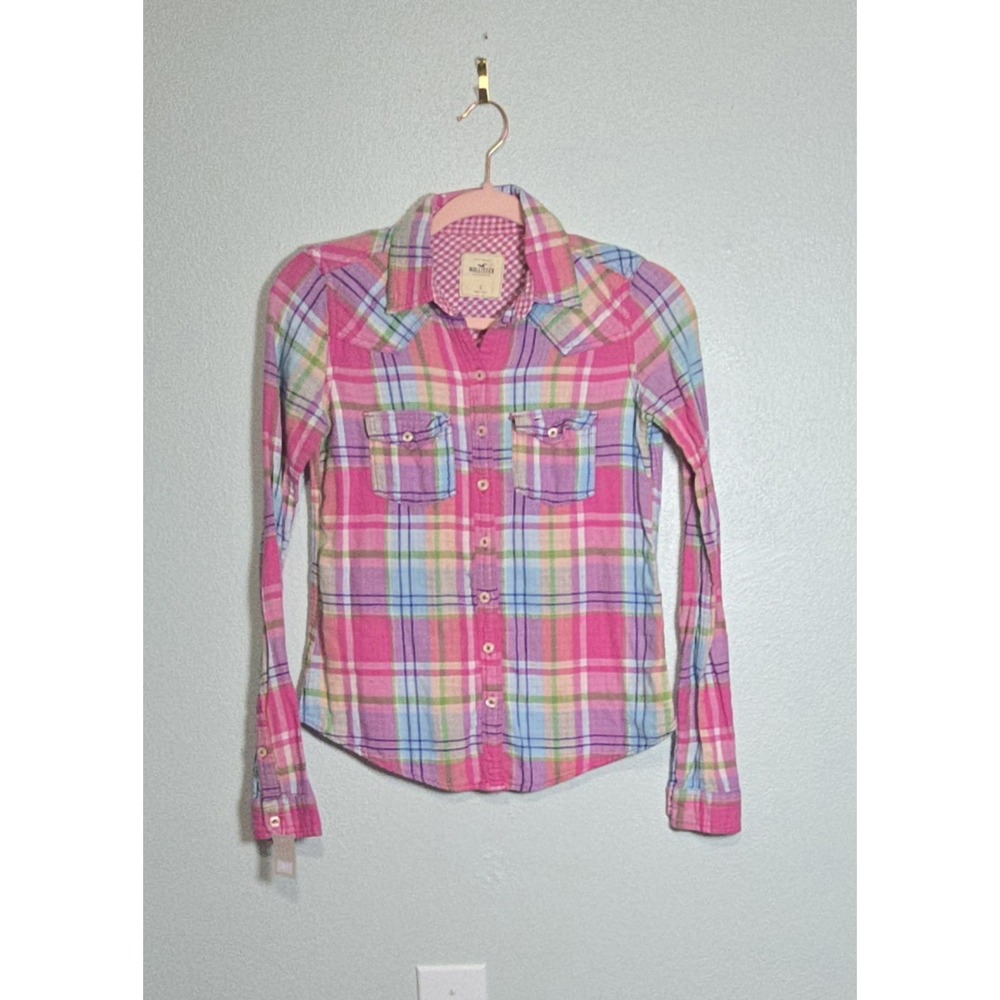 Hollister Pink Plaid Flannel Western Button Down Shirt Size S Gingham Trim